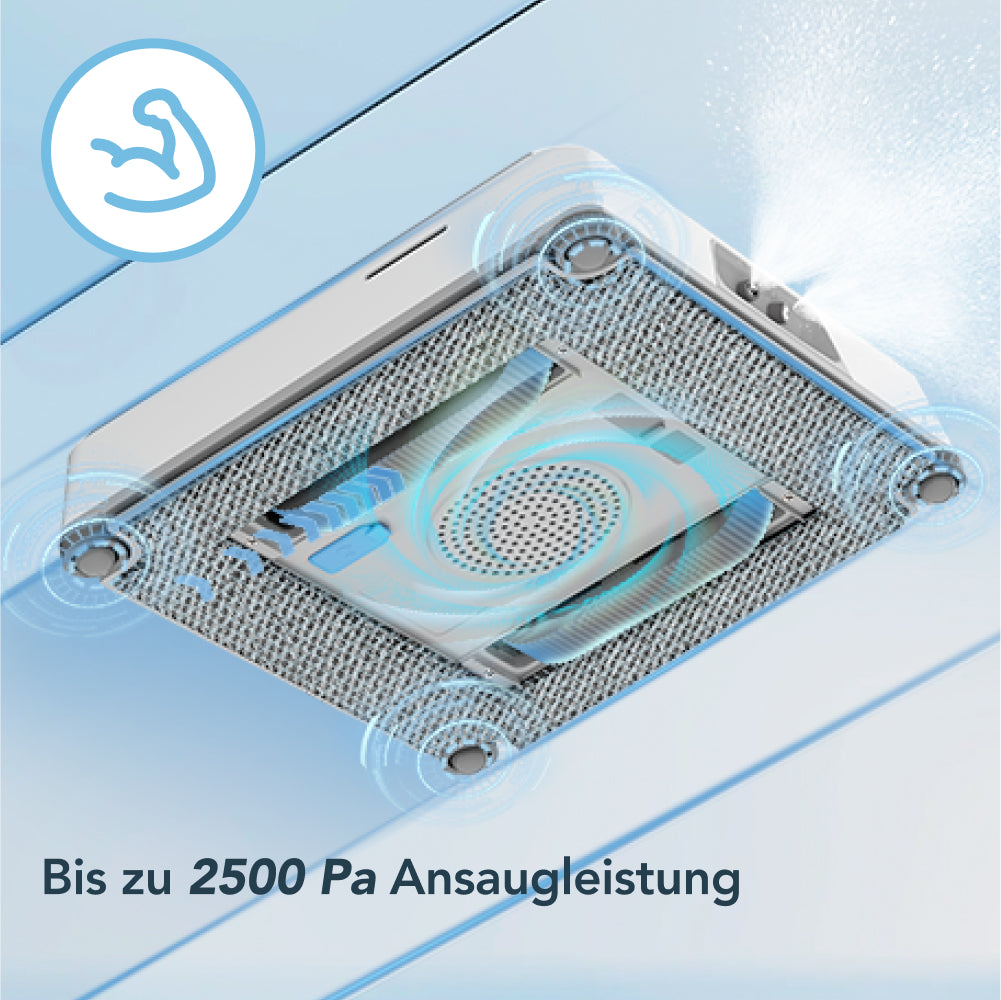 Starke Ansaugleistung bis zu 2500 Pa – sicherer Halt auf jeder Glasfläche