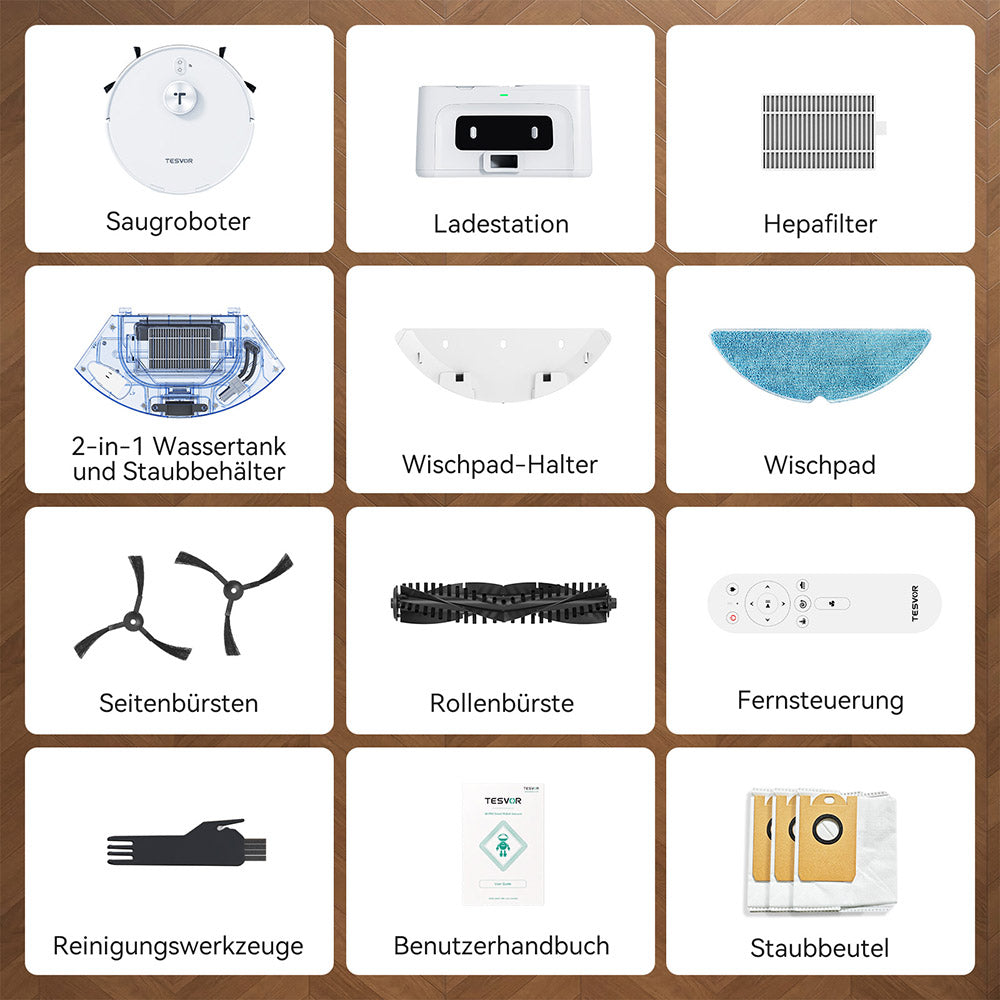 Tesvor S8 Max Saug und Wischroboter Lieferumfang Kacheln